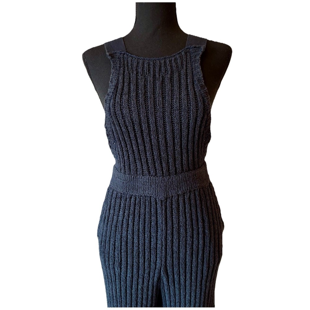 Free People Beach Knit Jumpsuit Ribbed Black Wide Leg Cozy Style Size Small - Picture 4 of 13